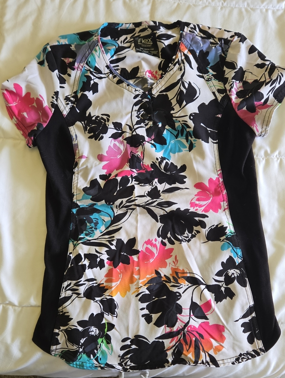 Women's Black Floral V-Neck Scrub Top with Pink & Teal Accents